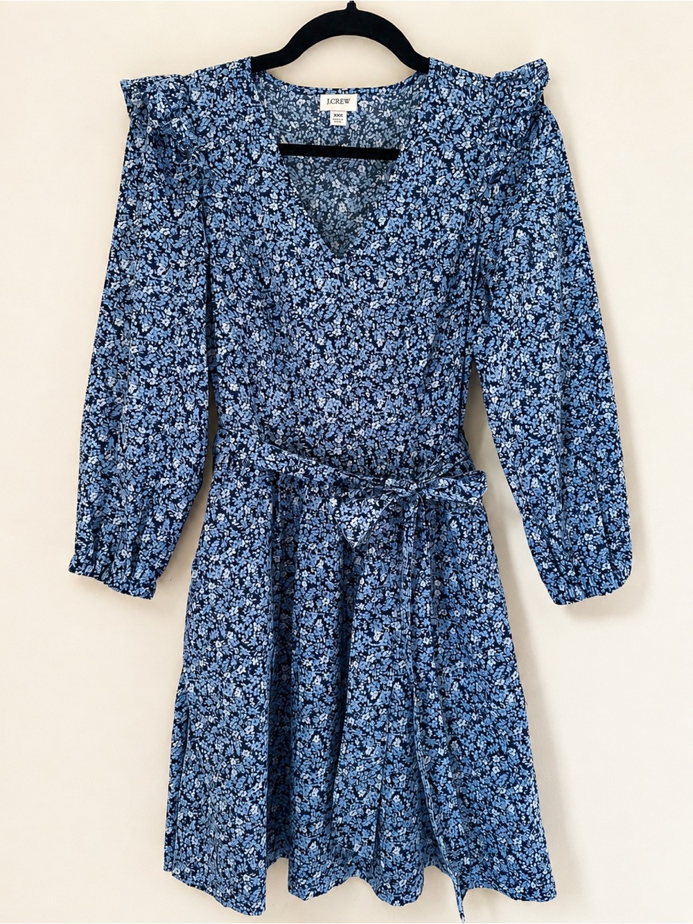 J.Crew Blue Floral Ruffle Shoulder Cotton Tie Waist Dress XXS